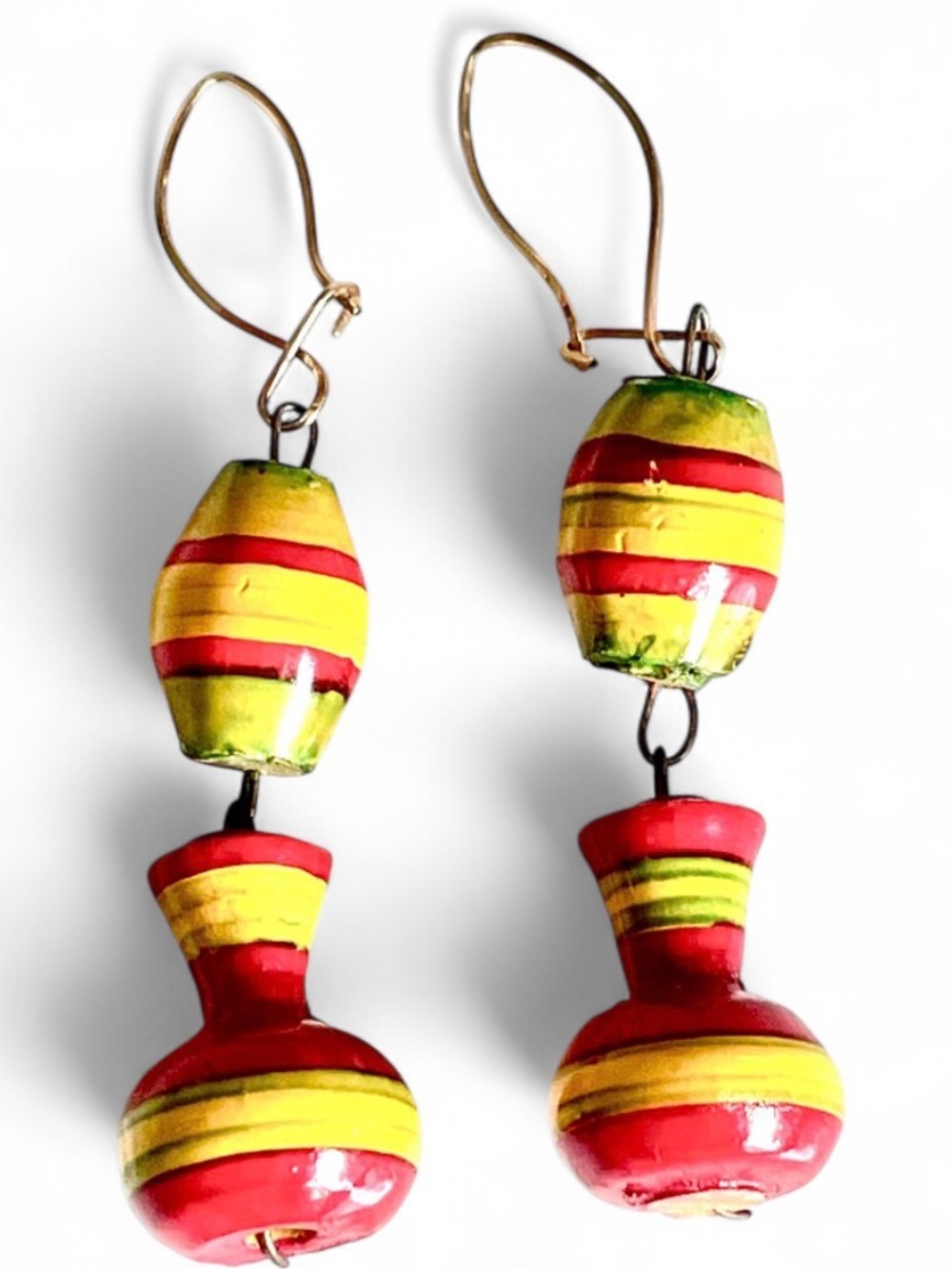 Vintage Handcrafted Painted Wood Dangle Earrings Green Red Yellow Global Artisan
